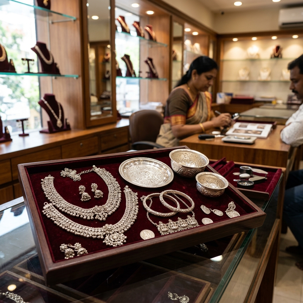 Traditional Indian silver ornaments arranged on a velvet tray for liquidation in Chennai
