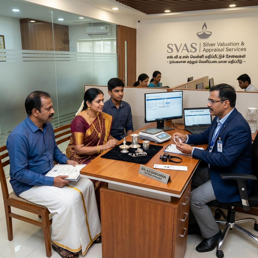 Professional silver appraiser with a Tamil family getting cash for silver in tamilnadu